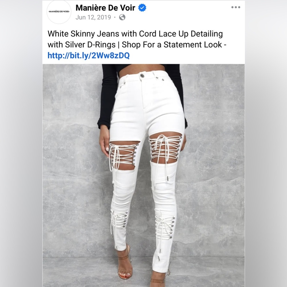 Maniere De Voir White skinny jeans with lace up detail, EU SIZE 8, New w Tags